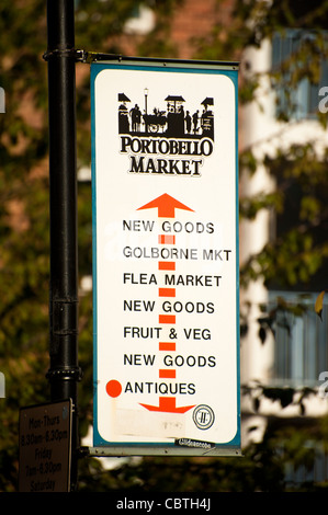 LONDON, Großbritannien - 01. OKTOBER 2011: Straßenschild für Portobello Road Antiques Market Stockfoto