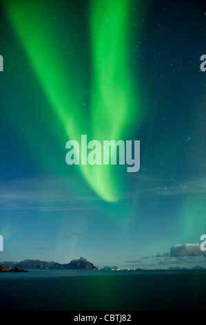 Northern Lights füllen Himmel über Meer und Berge, Stamsund, Vestvagoy, Lofoten Inseln, Norwegen Stockfoto