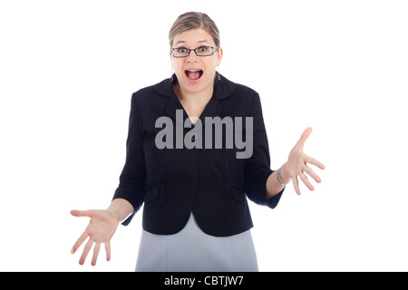 Schockiert Frau, isoliert auf weißem Hintergrund. Stockfoto