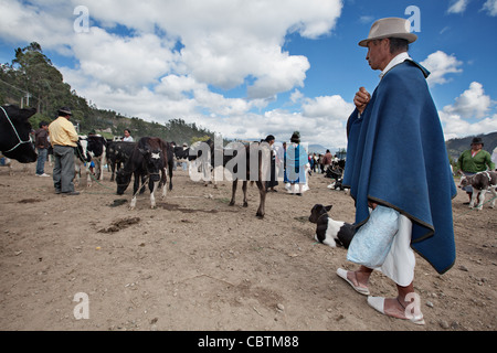 Mann trägt einen Poncho in Otavalo Tiermarkt (Viehmarkt), Ecuador. Stockfoto