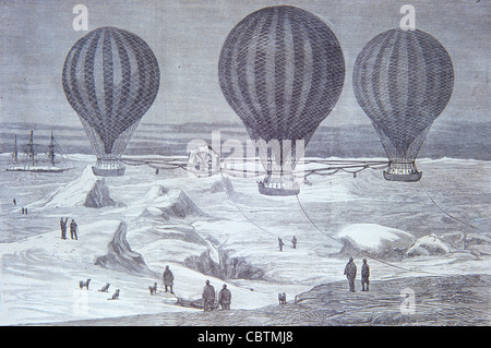 Ballonfahrten oder drei Ballons über den Nordpol, Arktis. Unrealisiertes Projekt von Commander John Powles Cheyne, 1877-78. Vintage Illustration oder Gravur Stockfoto