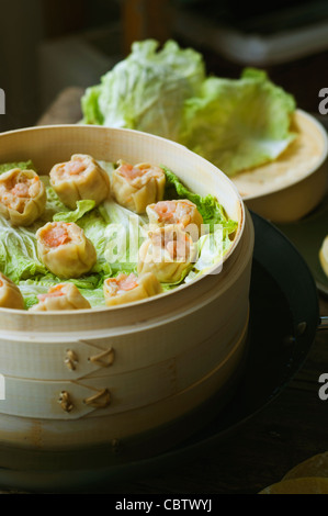 Asiatische Teigtaschen in Dampfer mit Kohl Stockfoto