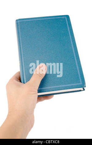 blaue Hardcover-Buch mit weißem Hintergrund Stockfoto