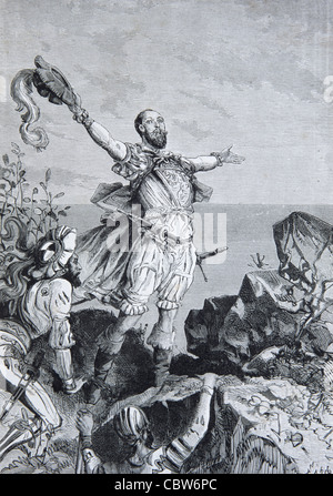 Vasco Nunez de Balboa (1475-1519) Spanischer Entdecker, Gouverneur und Conquistador am Pazifischen Ozean. Etablierte Siedlung in Panama. Vintage Illustration oder Gravur Stockfoto