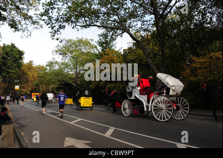 Im Herbst Bäume, gelbe Fahrradrikschas, weiße Kutsche, Läufer, sanften Hang, aufsteigender Mittenantrieb, Central Park South, New York Stockfoto