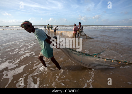 Fischer riß Fischernetz zusammen in den Strand von Digha, Westbengalen, Indien Stockfoto