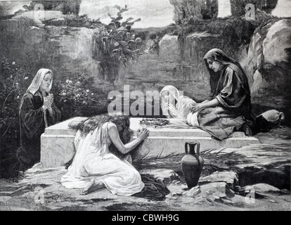 Drei Marys oder Maries, einschließlich Maria Magdalena, Weinen und Trauer am Grab oder Grab von Christus oder Jesus. Vintage Illustration oder Gravur Stockfoto
