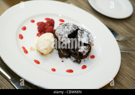 Schokolade Dessert mit Vanilleeis und Himbeersauce Stockfoto