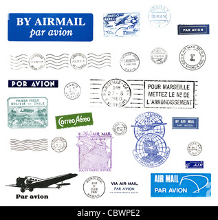 Vintage Briefmarken und Luftpost Labels aus aller Welt Stockfoto