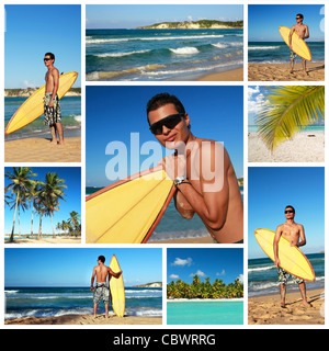 Collage mit Surfer mit Surfbrett am Karibik-Strand, Dominikanische Republik Stockfoto