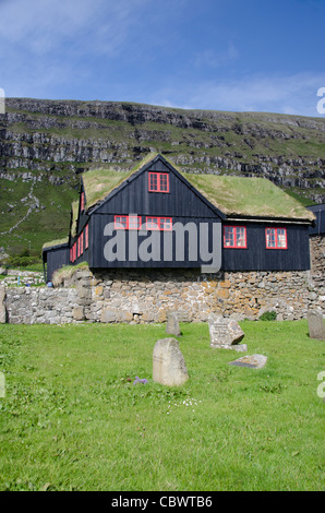 Königreich Dänemark, Färöer Inseln (aka foroyar). historischen Freilichtmuseum, kirkjubor Dorf. Stockfoto