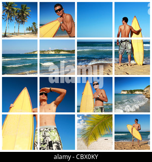 Collage mit Surfer mit Surfbrett am Karibik-Strand, Dominikanische Republik Stockfoto