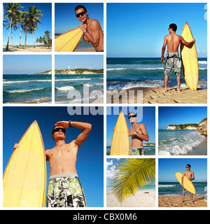 Collage mit Surfer mit Surfbrett am Karibik-Strand, Dominikanische Republik Stockfoto