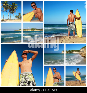 Collage mit Surfer mit Surfbrett am Karibik-Strand, Dominikanische Republik Stockfoto