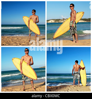 Collage mit Surfer mit Surfbrett am Karibik-Strand, Dominikanische Republik Stockfoto