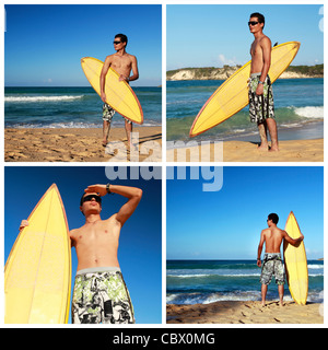 Collage mit Surfer mit Surfbrett am Karibik-Strand, Dominikanische Republik Stockfoto