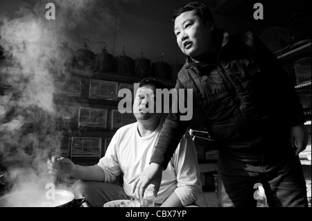 Gaobeidian, Beijing. Männer, die eine Eintopf Mittagessen mit Freunden an einem Vogel Shop. Stockfoto