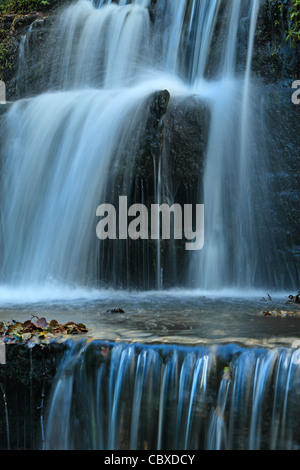 Ein kleiner Wasserfall auf dem Fluss Nidd nahe Lofthouse in Nidderdale, Yorkshire, England Stockfoto