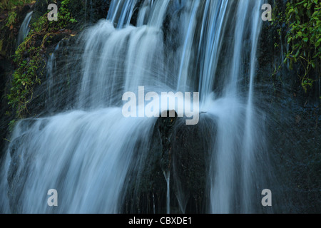 Ein kleiner Wasserfall auf dem Fluss Nidd nahe Lofthouse in Nidderdale, Yorkshire, England Stockfoto