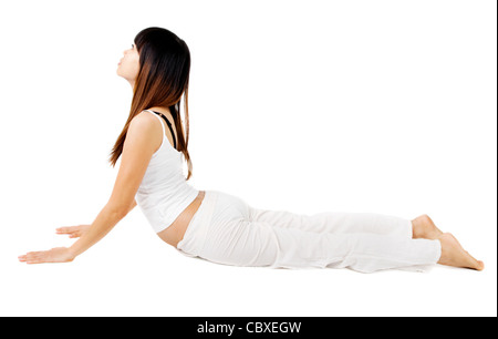 Frau in Yoga, Cobra Pose, isoliert auf weiss. Stockfoto