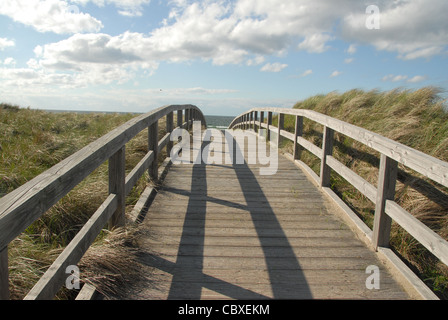 Holzsteg als Strand Eingang durch die Dünen der Weißenhäuser Strand, einem Urlaubsort an der deutschen Ostseeküste. Stockfoto