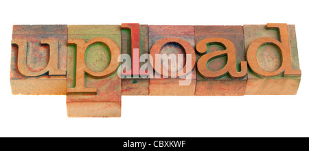 hochladen Sie Konzept - Wort in Vintage Holz Buchdruck Druckstöcken isoliert auf weißem Stockfoto