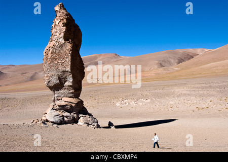 Chile. Atacama-Wüste. Flamingos Nationalreservat. Die Monjes de Pacana in der Tara salar. Vulkangestein. Stockfoto