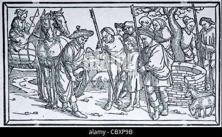 Joseph verkauft von seinen Brüdern, Holz-Schnitt oder Gravur aus niederdeutschen Bibel, Lübeck, Deutschland, 1494 Stockfoto