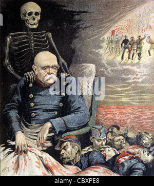 Otto von Bismarck, (1815-1898) Französischer Satirefilm 'Bismarcks Geburtstag' von Krieg, Tod & Zerstörung. Deutsche Einheit. Vintage-Illustration Stockfoto