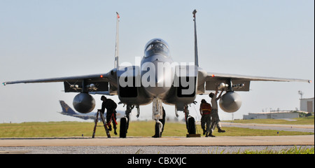 Eine kleine Gruppe von Flugern der 67. Flugzeugwartungseinheit sorgt dafür, dass die F-15C-Adler vor dem Start am 23. Februar 2010 auf der Kadena Air Base, Japan, eine letzte Kontrolle am Ende der Start- und Landebahn erhalten. Kadena Airmen nahmen vom 22. Bis 26. Februar an gemeinsamen bilateralen Trainings mit anderen US-Streitkräften und der Japan Air Self Defense Force Teil. Stockfoto