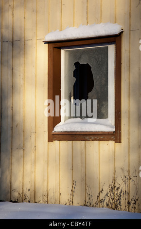 Kaputtes Fenster im Winter, Finnland Stockfoto