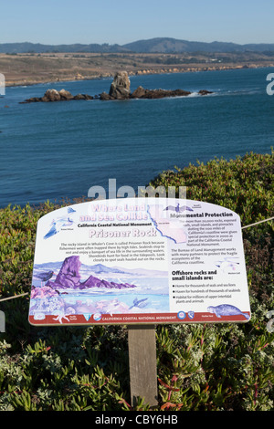 Gefangener Rock und Zeichen am Pigeon Point Lighthouse entlang Highway 1 in Kalifornien Stockfoto