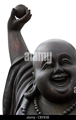 Nahaufnahme von einem glücklich lachende Buddha Gesicht auf weißem Hintergrund Stockfoto