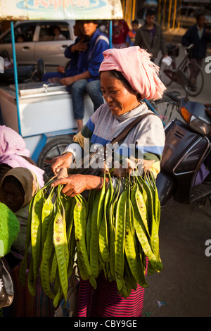 Indien, Manipur, Imphal, Khwairamband Basar, Frauen Markt Straßenhändler verkaufen Yongchak wilde Bohnen aus Wald Stockfoto