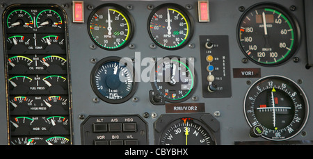 Control panel of a helicopter with many gages Stockfoto