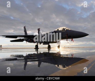 Ein F-15E Strike Eagle sitzt während des Sonnenuntergangs am 6. Dezember 2010 auf der Fluglinie der Mountain Home Air Force Base, Idaho. Stockfoto