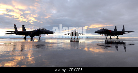 Ein F-15SG und zwei F-15E Strike Eagles sitzen während des Sonnenuntergangs am 6. Dezember 2010 auf der Mountain Home Air Force Base, Idaho. Die überragende Manövrierbarkeit und Beschleunigung des F-15 wird durch das hohe Schub-Gewicht-Verhältnis des Motors und die geringe Flügelbelastung erreicht. Es war das erste US-operative Flugzeug, in dem die Triebwerke das beladene Gewicht überstiegen und es im vertikalen Aufstieg beschleunigen konnten. Die F-15Es sind den 391. Und 389. Jagdgeschwader zugewiesen und die F-15SG ist dem 428. Jagdgeschwader zugewiesen. Stockfoto