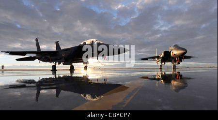 Zwei F-15E Strike Eagles sitzen während des Sonnenuntergangs am 6. Dezember 2010 auf der Fluglinie auf der Mountain Home Air Force Base, Idaho. Die F-15E ist ein zweistufiger Kämpfer, der für Luft-Luft- und Luft-Boden-Missionen entwickelt wurde. Eine Reihe von Avionik- und Elektroniksystemen gibt dem F-15E die Möglichkeit, in niedriger Höhe, Tag oder Nacht und bei jedem Wetter zu kämpfen. Die F-15Es sind den 391. Und 389. Jagdgeschwader zugeordnet. Stockfoto