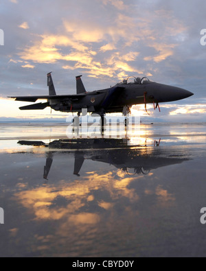 Ein F-15E Strike Eagle sitzt während des Sonnenuntergangs am 6. Dezember 2010 auf der Fluglinie der Mountain Home Air Force Base, Idaho. Mit einer digitalen elektronischen Motorsteuerung können F-15E Piloten in weniger als vier Sekunden von der Leerlaufleistung auf den maximalen Nachbrenner beschleunigen. Schnellere Beschleunigung des Motors bedeutet schnellere Starts und eine bessere Reaktion beim Manövrieren. Die F-15E ist dem 391st Fighter Squadron zugeordnet. Stockfoto