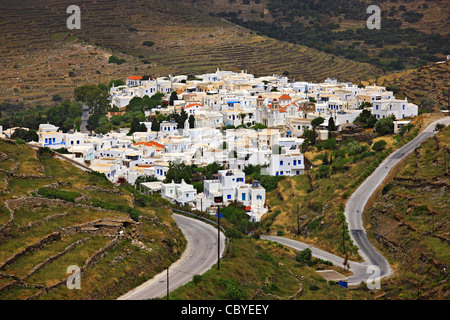 Panoramablick über Pyrgos Dorf, wahrscheinlich die schönste Insel Tinos, Kykladen, Griechenland. Stockfoto