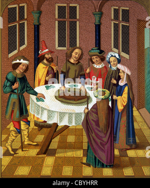 Jüdischen Pessach, Ostern Mahlzeit oder fest, von einer c15th Missale von Schule von Van Eyck. Mittelalterliche c15th Kostüme Stockfoto