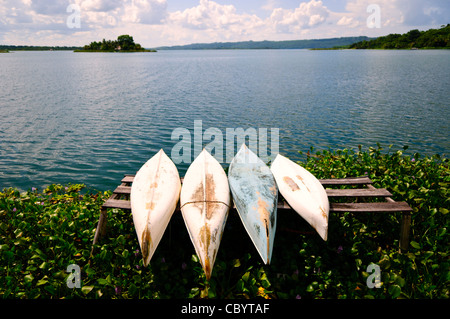 Canoes Lake Peten Itza Flores Guatemala | FLORES, Guatemala — Vier Kanus liegen aufgerollt auf einem Holzgestell inmitten von Wasserhyazinthen am Ufer des Lake Petén Itzá, wobei die kleine Insel Radio Petén in der Ferne sichtbar ist. Der See, der größte und tiefste in der Petén-Region von Guatemala, erreicht eine maximale Tiefe von 165 Fuß (50 m) — Moment, 165 m (541 ft) — was ihn zum tiefsten See auf der Halbinsel Yucatán macht. Stockfoto