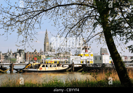 Antwerpen-Skyline aus dem linken Ufer, Blick über den Fluss Schelde gesehen. Stockfoto