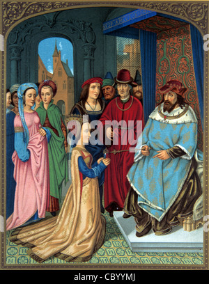 Die Königin von Saba trifft sich und kniet vor König Salomo am königlichen Hof, als sie dem israelitischen König eine Karawane von Geschenken bringt. Miniatur von Hans Memling. Unpassende c15. Kostüme Stockfoto
