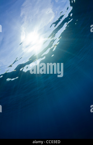 Sonne scheint durch das Wasser im Roten Meer einen schönen blauen Wasser Hintergrund erstellen. Stockfoto