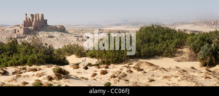 Panoramic schoss er römischen Festung und Siedlung mit Esel im Vordergrund bei Qasr el Labekha in der Wüste in der Nähe von Kharga Oasis Ägypten Stockfoto