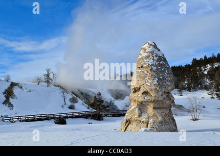 Liberty Cap, ein Travertin-Turm aus einem ruhenden Thermalquelle. Mammoth Hot Springs, Yellowstone-Nationalpark, Wyoming, USA. Stockfoto