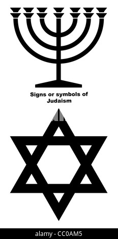 Jüdische Menorah Kerzenleuchter und Davidstern in schwarze Silhouette isoliert auf weißem Hintergrund. Stockfoto