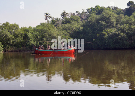 Mangrovenwald und Sand Bergbau Boot Stockfoto