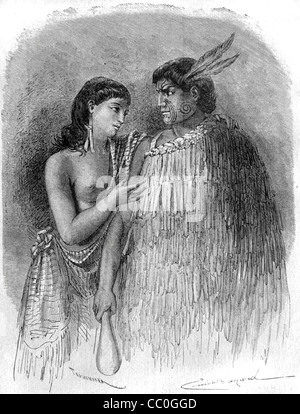 Hone Heke, oder Hone Wiremu Heke Pakai (1807?-1850), Maori-Chef und Anführer, und Ehefrau, Neuseeland. Anstifter des Flagstaff-Krieges. Vintage Illustration oder Gravur Stockfoto